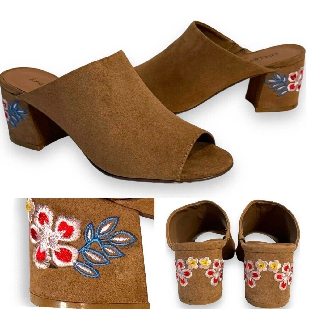 🍀Indigo Rd Brown Faux Suede Floral Embroidered Block Heel Mule Sandal Size 6.5